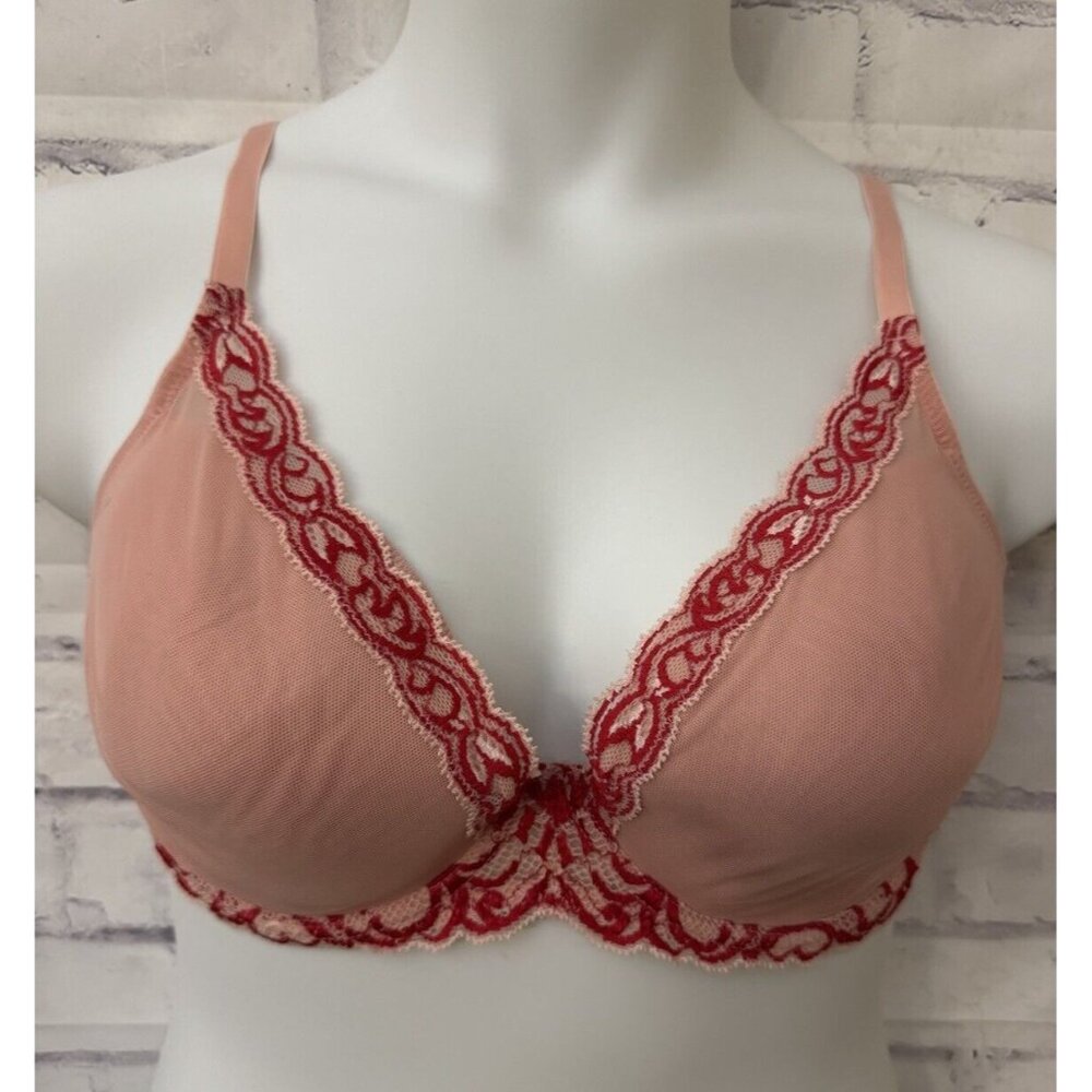 Natori Bra 38DD‎ Feathers Contour Plunge Bra Pink Mesh Overlay Underwire Sexy